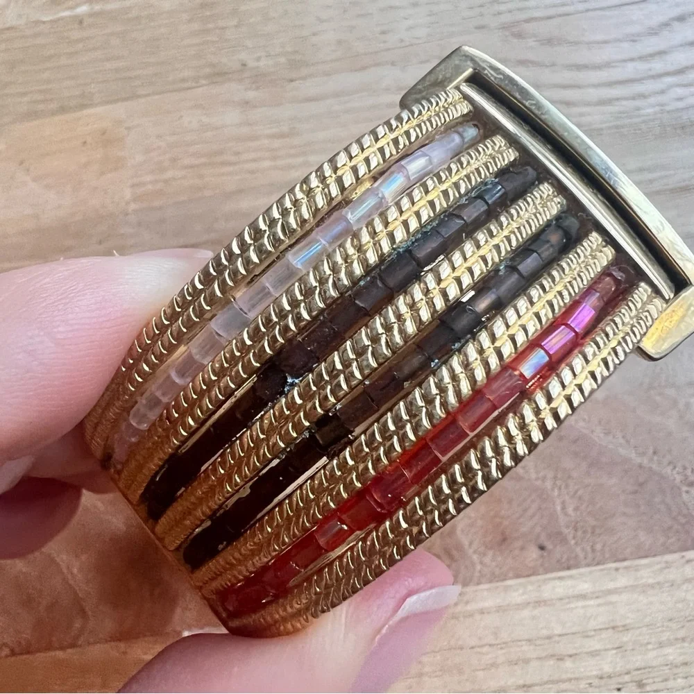 Details ladies hinged beaded cuff bracelet watch NEW BATTERY